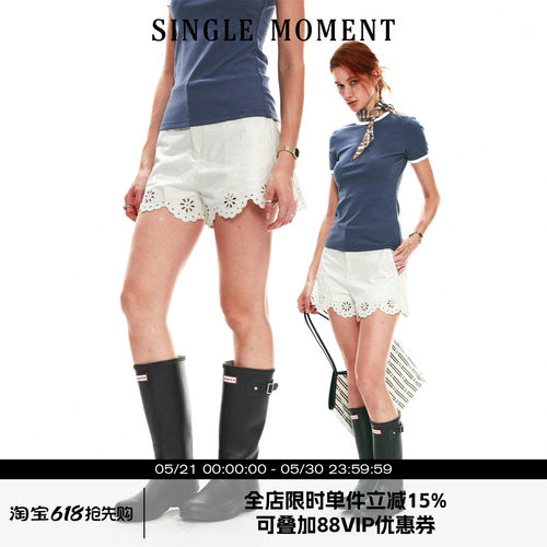 SINGLE MOMENT 26SS夏季法式休闲百搭镂空绣花度假花边短裤女