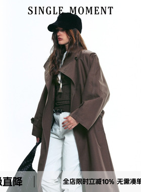 SINGLE MOMENT 25AW秋季双面缎纹A字廓形半立领长款风衣外套女