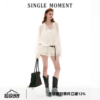 SINGLE MOMENT 26SS法式通勤宽松休闲圆领密扣罩衫上衣裙裤套装