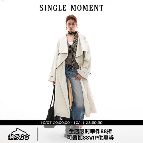 SINGLE MOMENT 26SS法式复古做旧大翻领长款风衣宽松外套上衣女