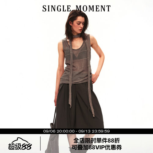 SINGLE MOMENT 26SS夏季法式U领提花钩针镂空毛织无袖背心上衣女