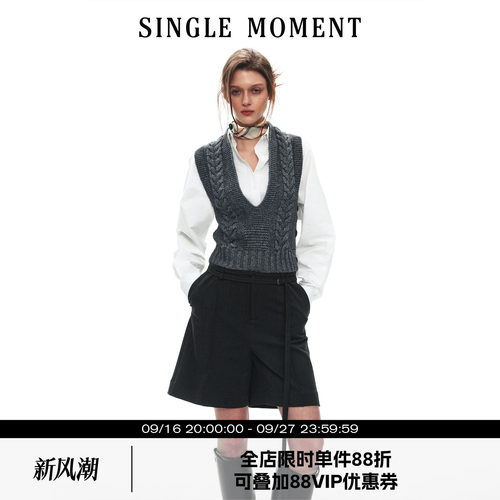 SINGLE MOMENT 26AW法式通勤复古深v扭花毛织毛衣宽松套头背心女