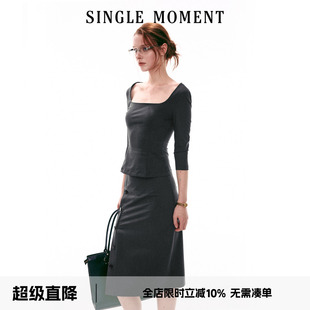 上衣T恤套装 SINGLE 女 显瘦五分袖 方领通勤修身 MOMENT 26SS法式