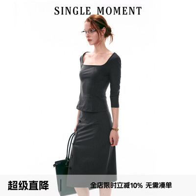 SINGLE MOMENT 26SS法式方领通勤修身显瘦五分袖上衣T恤套装女
