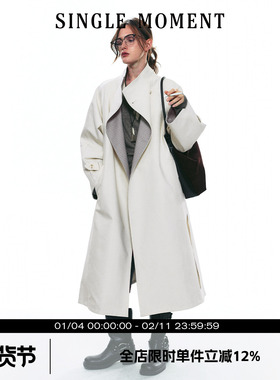 SINGLE MOMENT 25AW秋季双面缎纹A字廓形半立领长款风衣外套女
