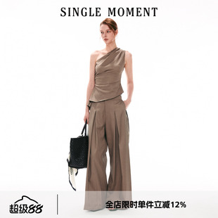 SINGLE MOMENT 26SS法式斜肩抽皱不规则下摆无袖上衣休闲西裤套装