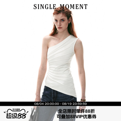 SINGLE MOMENT 26SS夏季法式放射压褶斜肩针织上衣背心无袖T恤女