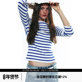 SINGLE T恤上衣 针织衫 MOMENT 25AW美利奴羊毛撞色条纹圆领八分袖