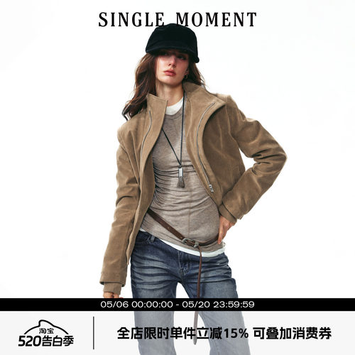 SINGLE MOMENT 25AW法式复古绒感斜门襟立领短款夹克长袖外套女