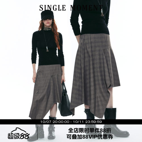 SINGLE MOMENT 25AW法式通勤百搭下摆毛边不规则格子半身裙女秋