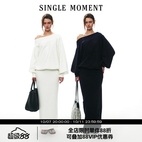 SINGLE MOMENT 26AW法式简约一字领斜肩宽松套头针织长袖卫衣女秋