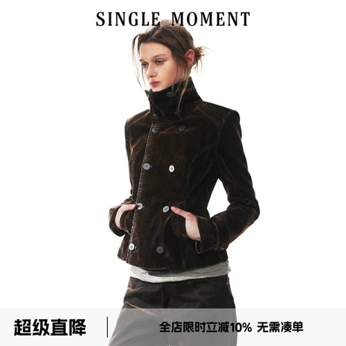 SINGLE MOMENT 26AW法式通勤复古高领短款丝绒工装外套长袖夹克女