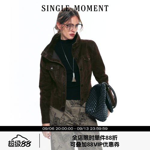 SINGLE MOMENT 25AW法式复古竹节植绒斜纹短款机车夹克外套上衣女