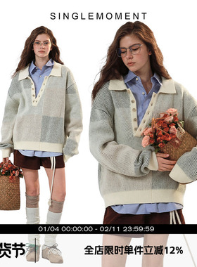 SINGLE MOMENT 斜领设计通勤宽松百搭毛衣羊毛花纱提花Polo长袖