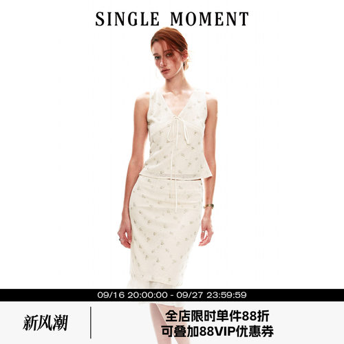 SINGLE MOMENT 26SS夏季法式V领手缝钉珠挂脖无袖背心上衣女