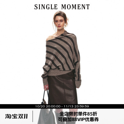 SINGLE MOMENT 26AW法式休闲风不对称一字斜肩松弛感套头毛衣上衣