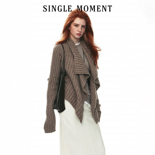 SINGLE MOMENT 26AW法式复古休闲粗罗纹绞花披肩式毛衣开衫外套女