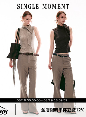 SINGLE MOMENT 26SS法式时尚系带立领收腰修身型无袖T恤上衣女