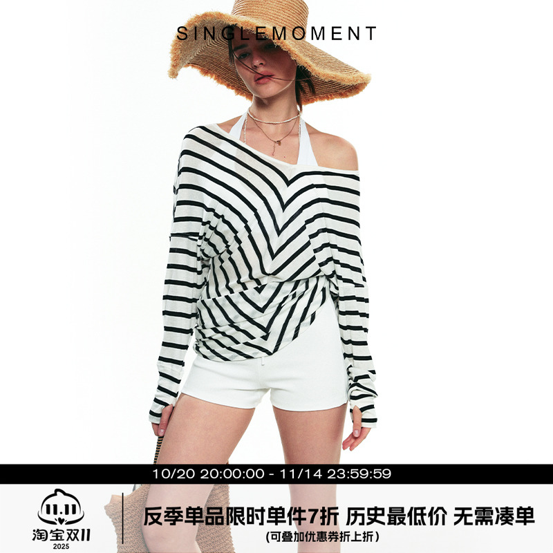 SINGLE MOMENT 25SS夏季法式一字设计感天丝条纹长袖防晒T恤上衣