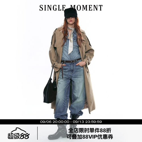 SINGLE MOMENT 25AW法式气质高级感双面缎纹大翻领长款风衣外套女