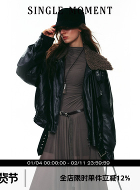 SINGLE MOMENT 25AW法式时尚机车PU皮黑色叠门襟毛领皮衣夹克女冬