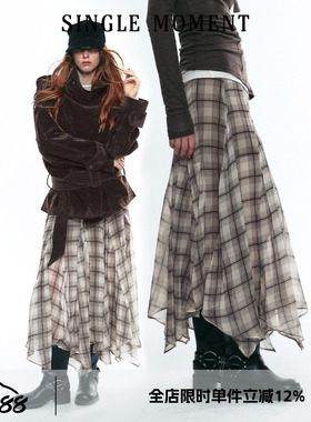 SINGLE MOMENT 25AW秋季苏格兰风飘逸感格纹不对称半身裙长裙女