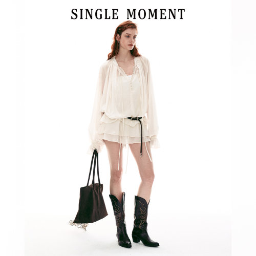 SINGLE MOMENT 26SS法式通勤宽松休闲圆领密扣罩衫上衣裙裤套装
