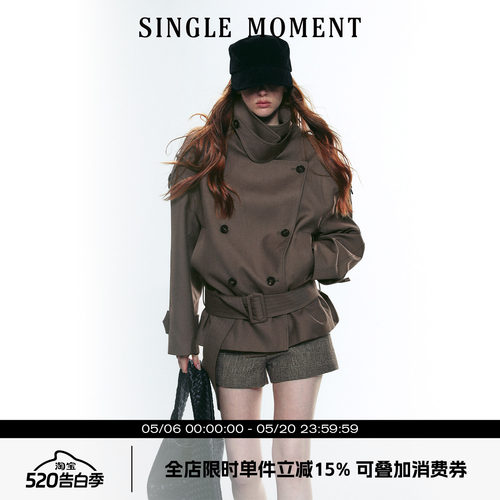 SINGLE MOMENT 25AW法式复古大立领宽肩短款双排扣系腰风衣外套女