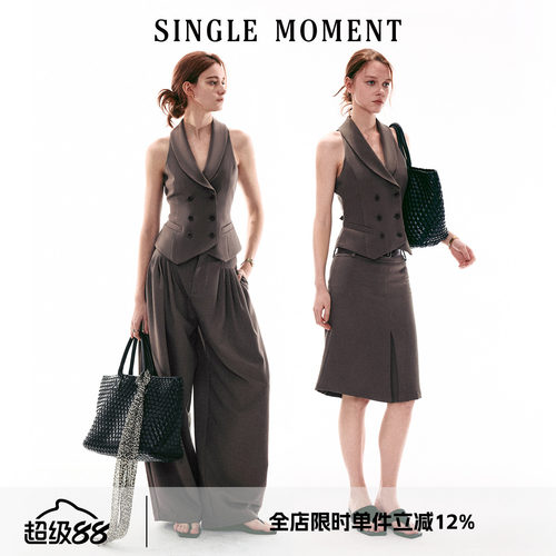 SINGLE MOMENT 26SS法式复古青果领双排扣修身西装马甲西裤套装女