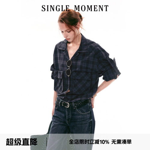 SINGLE MOMENT 26SS法式立体口袋暗格纹工装修身长袖衬衫上衣女