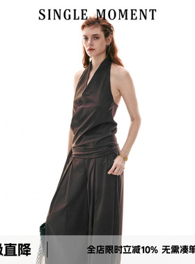 SINGLE MOMENT 26SS法式挂脖露背无袖上衣吊带背心风琴褶西裤套装