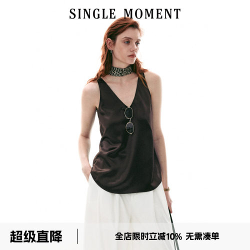 SINGLE MOMENT 26SS夏季法式通勤V领醋酸缎面无袖背心吊带上衣女