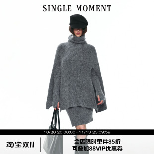 SINGLE MOMENT 26AW法式设计感粗针长毛高领斗篷式保暖毛衣外套女