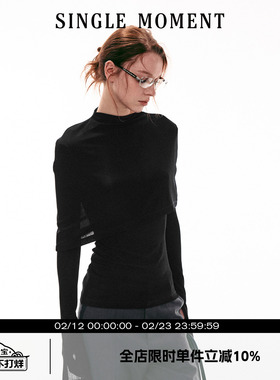 SINGLE MOMENT 26SS法式气质修身醋酸斗篷式长袖T恤上衣打底衫女