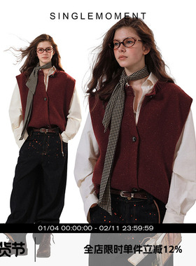 SINGLE MOMENT 安哥拉红羊毛混纺重磅花纱新年针织开衫背心马甲女
