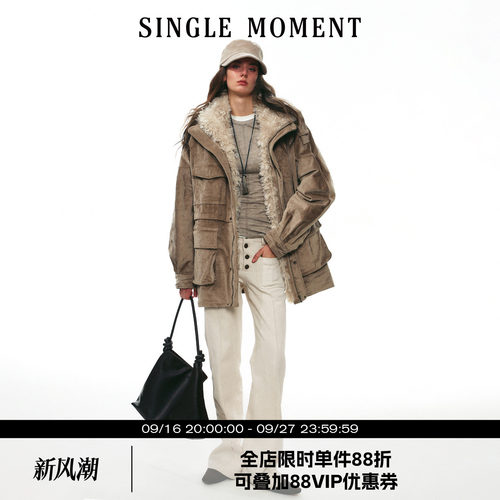 SINGLE MOMENT 25AW法式中长款灯芯绒毛领拼接工装外套派克服女