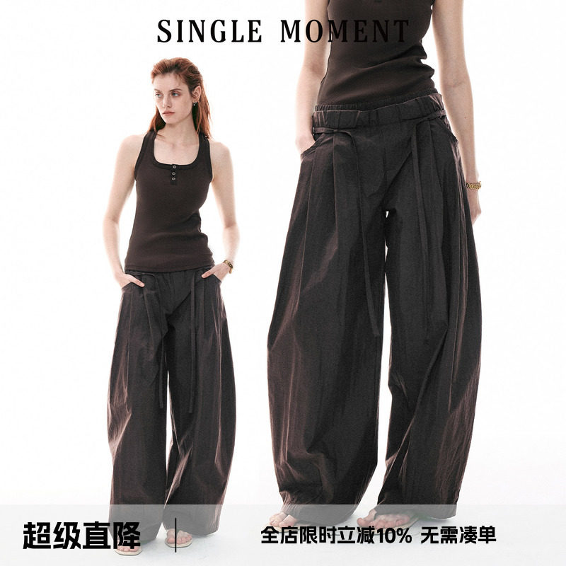 SINGLE MOMENT 26SS法式盐缩皱感斜纹双腰阔腿散步山体休闲运动裤图片