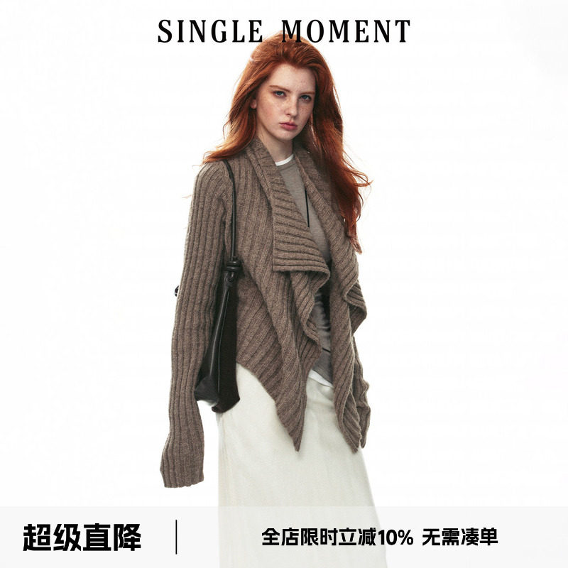SINGLE MOMENT 26AW法式复古休闲粗罗纹绞花披肩式毛衣开衫外套女图片