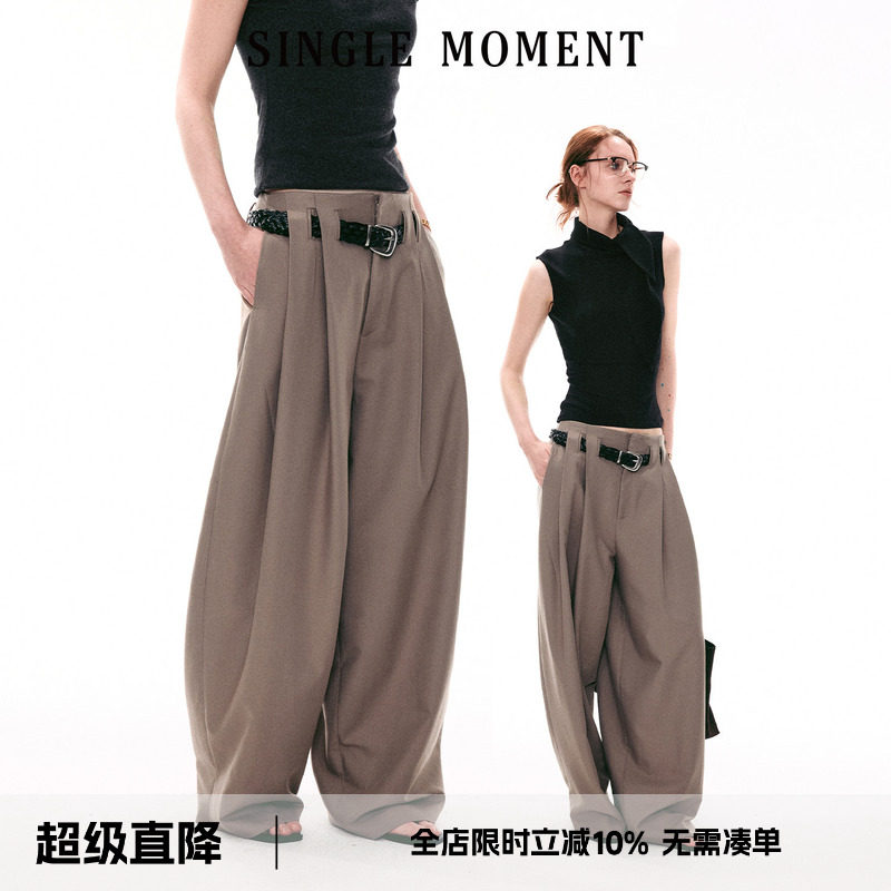 SINGLE MOMENT 26SS法式叠褶连腰宽松休闲百搭显瘦长裤阔腿裤女图片