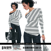 SINGLE 弹力上衣女 T恤打底衫 MOMENT 25SS斜肩假两件撞色条纹长袖
