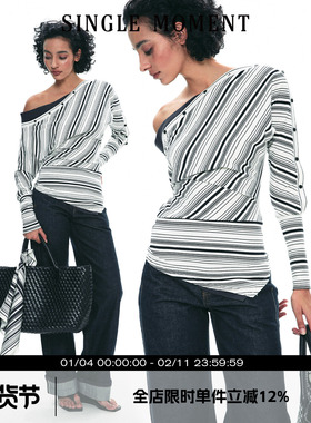 SINGLE MOMENT 25SS斜肩假两件撞色条纹长袖T恤打底衫弹力上衣女