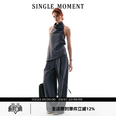 SINGLE MOMENT 26SS法式摩登气质简奢挂脖荡领无袖上衣西裤套装女