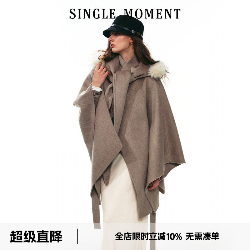 SINGLE MOMENT 25AW法式冬季保暖分体帽双面呢羊毛斗篷外套上衣女