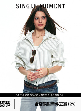 SINGLE MOMENT25AW 秋季新款法式收腰修身短款条纹衬衫长袖女上衣