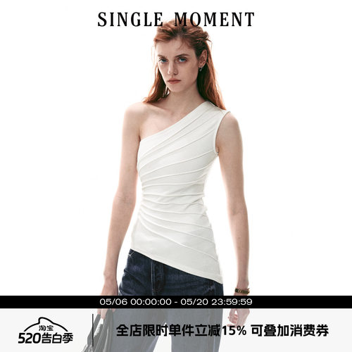 SINGLE MOMENT 26SS夏季法式放射压褶斜肩针织上衣背心无袖T恤女