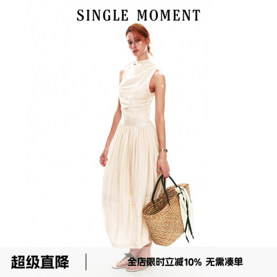 SINGLE MOMENT 26SS夏季法式休闲修身系带茧型空气感花苞连衣裙女