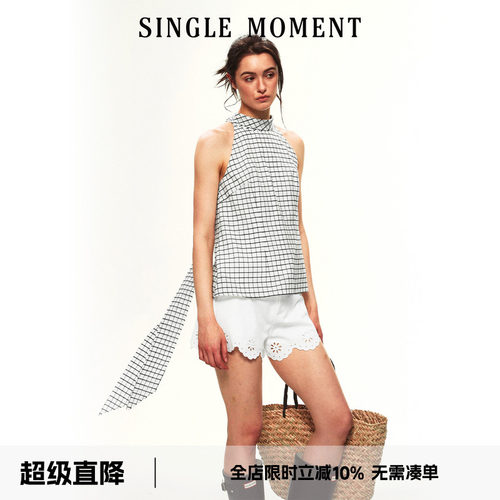 SINGLE MOMENT 26SS夏季法式格子色飘带修身无袖背心上衣女