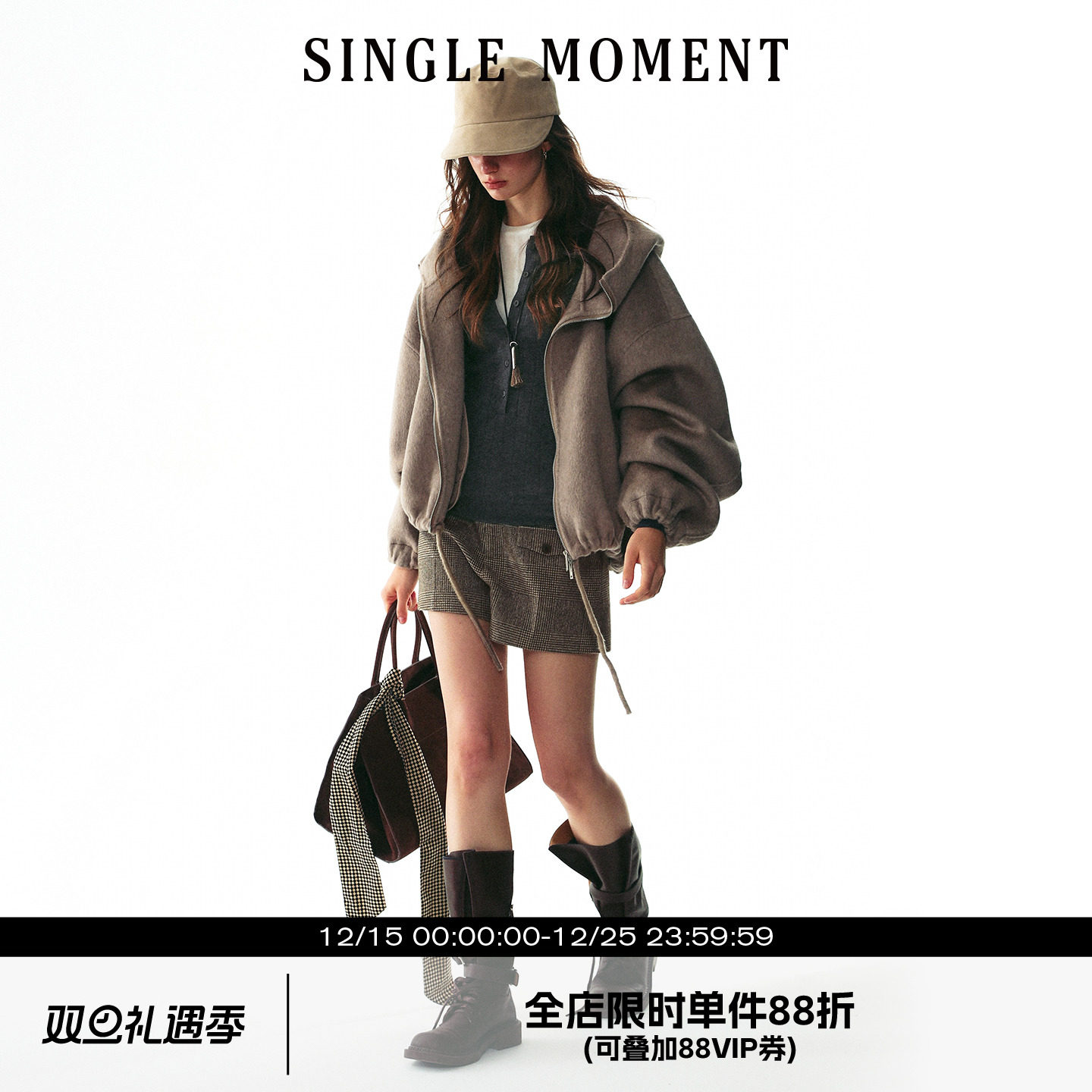 SINGLE MOMENT 25AW法式冬季羊毛短款下摆可调节连帽双面呢外套女