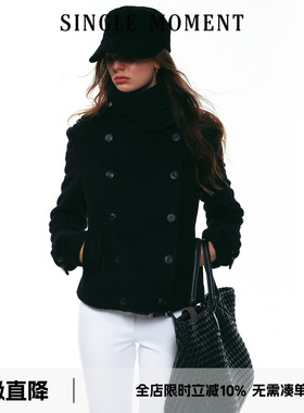 SINGLE MOMENT 25AW法式时尚经典双排扣正肩斜纹羊毛立领短外套女