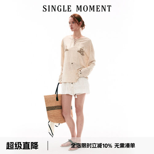 SINGLE MOMENT 26SS法式针织慵懒和平鸽印花宽松麻感长袖T恤上衣